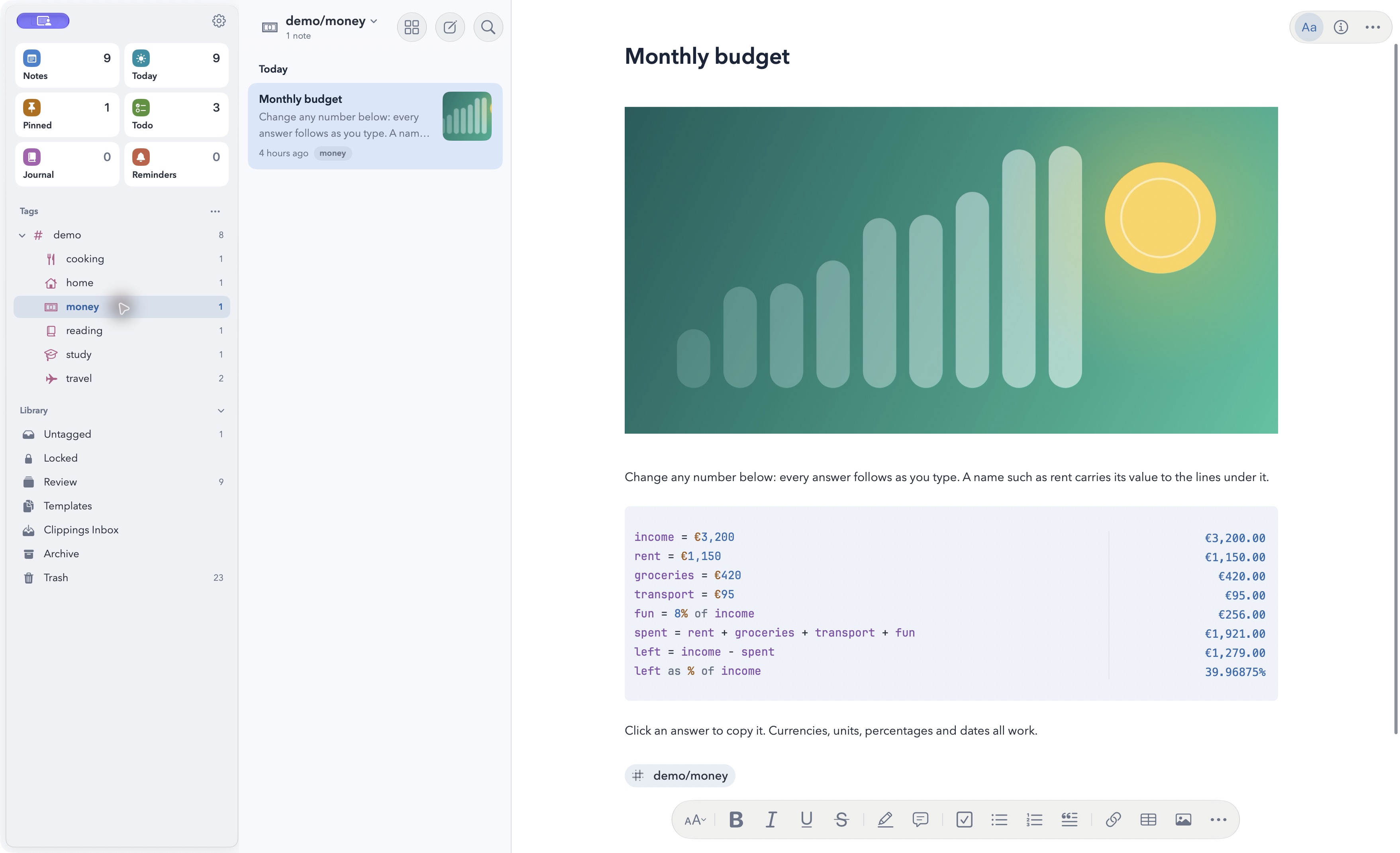 Varlig for Mac showing the Monthly budget demo, with named values and calculation results beside each line.